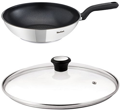 Tefal Poêle wok 28 cm, 6 à 8 personnes, Induction, Revêtement antiadhésif, Acier inoxydable, Indicateur de température Thermo-Spot, Comfort Max G7261944 & 280977 Couvercle en Verre 28 cm avec Anneau