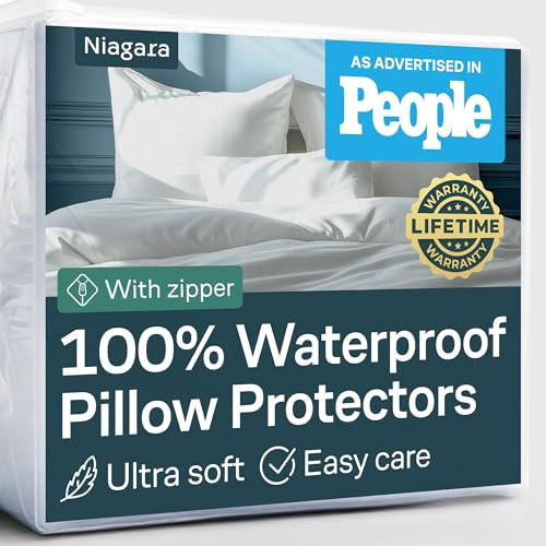 Niagara 4 Pack Waterproof Pillow Protectors King 20x36 Inches Smooth Zipper Premium Encasement Covers Quiet Cases Set White