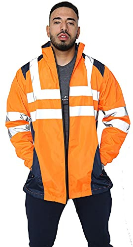 Parsa Fashions Hi Vis Rain Jacket Mens High Visibility Waterproof Reflective Tape Band Safety Zipper Hooded Top Lightweight Sizes Small to 5XL Orange L