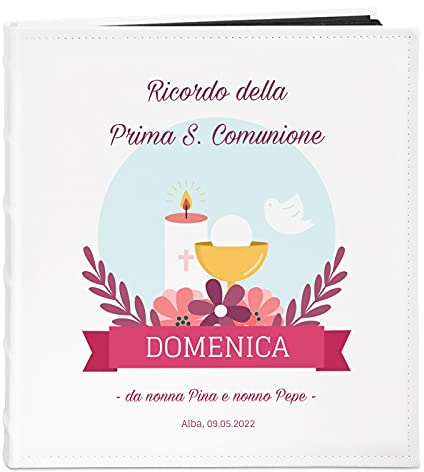 Maverton Album Foto Personalizzato - Copertina in Pelle Sintetica Bianca Personalizzata con Stampa Colorata - 60 pagine nere - 240 foto 10x15 cm - regali per prima comunione - Candela