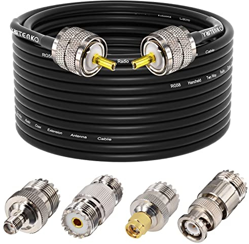 YOTENKO Ham Radio Coax Cable 50 Ohm, RG58 Coaxial Cable 49.2Ft, PL259 Male to Male Coax + UHF SO239 Female to SMA/UHF/BNC Adapter 4-Pack,for CB,Amateur,Ham Radio,Two-Way Radio,SWR Meter