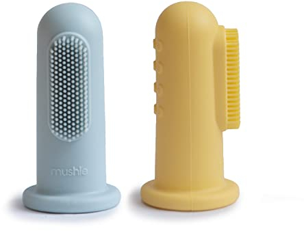 mushie Baby Finger Zahnbürste (Puderblau/Narzisse) 2er Pack