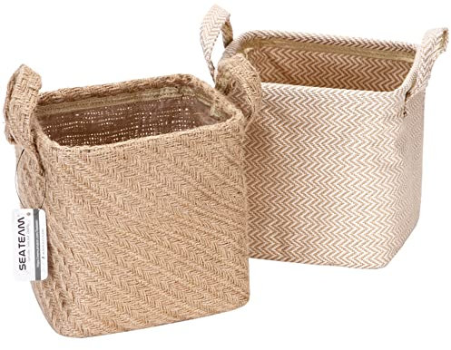 Sea Team Lot de 2 paniers de rangement pliables en jute et coton avec poignée pour la maison, les articles de toilette, les articles divers, les jouets, les bijoux, beige, 17 x 17 x 17 cm