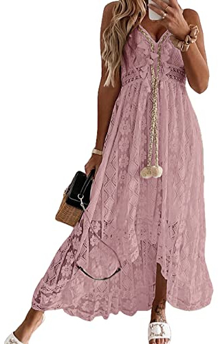 Cupshe, Abito da donna bohémien in pizzo, svasato, con scollo a V, balze e nappe, adatto per la spiaggia, Rosa, S