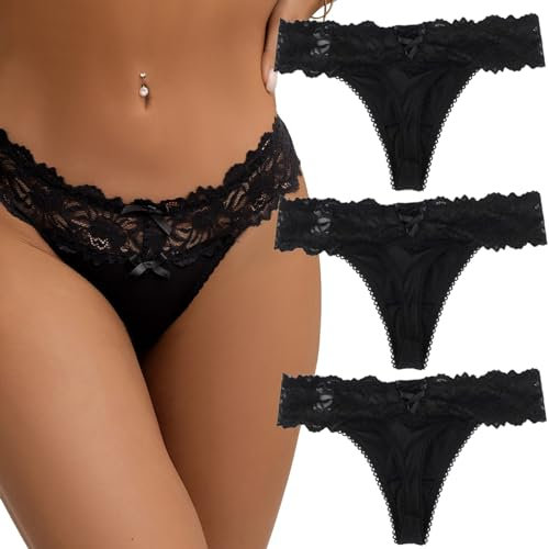 ohyeahlady String Tanga Sexy Spitze Demen Schwarz 3er Pack Slips Set Große Größen Pantys Höschen Thong Unterwäsche Set Hipster Unterhose Reizwäsche EU 40 42(Schwarz,M-L)