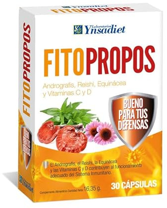 Ynsadiet FITOPROPOS 30 Cápsulas | Con Andrografis, Equinácea, Reishi, Propóleo, Vitaminas C y D | Sin gluten | Refuerza el sistema inmunitario