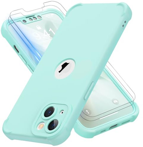ORETECH para Funda iPhone 13, con [2x Protector Pantalla, Carcasa Frontal y Trasera][Protección de Cámara Integrado] 360 Grados Antigolpes Anti-Choque TPU Silicona Carcasa iPhone 13 Case - Verde Menta