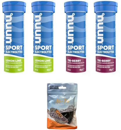 NUUN Sport Electrolytes Hydration Tablets - 4 Tubes of Electrolyte Tabs (40 Total Tablets) Bundled with A Pack of Elastic No-tie Reflective Shoe Laces (2 Tri-Berry / 2 Lemon Lime)