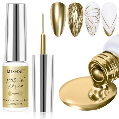 MIZHSE Gold Nagellack Metallic Painting Gel 7ML Gel Liner Nail Art, UV/LED Gels Nail Polish Soak Off, 3D Metal Glossy Drawing Nagellack für Painting Nail Design Soak Off Manicure Nails Art 1PC