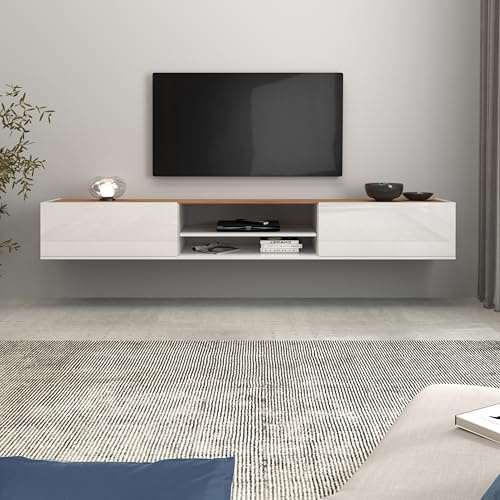 WHOUS Mobile Porta TV Sospeso GARDA per Soggiorno con 2 Ante a Ribalta e 1 Ripiano Centrale, Mobile Tv a Parete per Salotto, 210x35x30 cm, Bianco Lucido e Rovere