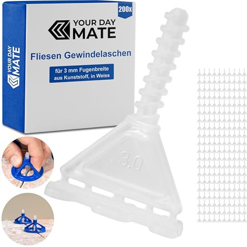 Fliesen Nivelliersystem Gewindelaschen, 200 Stück, für 3 mm Fugenbreite und 5-20 mm starke Fliesen, Zuglaschen mit Gewindekopf, Montagehilfe Kit Fliesen, Fliesenverlegsystem Zubehör, Verleghilfe Set