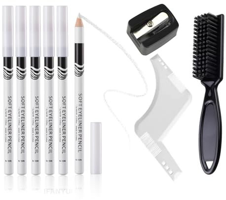 Lot de 8 crayons de barbier blancs pour tracer la racine des cheveux, façonner la barbe et tracer la barbe – 6 crayons de barbier avec taille-crayon, brosse et règle intégrés pour un style précis de
