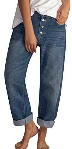 Damen Baggy Jeans Boyfriend Jeans Weites Bein Mid-Rise Knöchel Jeans Denim Hose mit Taschen Hufeisen Jeans Ballon Jeans Baggy Jeans Hose