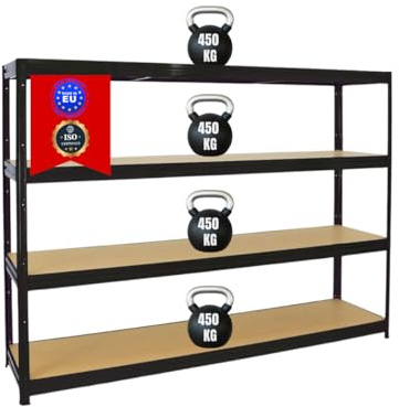 PROREGAL Étagère Charge Lourde Dino | HxLxP 180x240x60cm | 450kg par Niveau | Noir | Étagère Robuste de Garage, Atelier, Cave, sous-Sol, Stockage, Rangement, Rayonnage