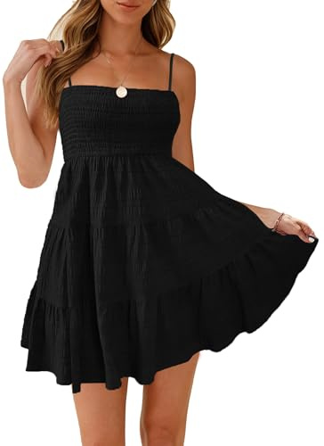 HVEPUO Women Spaghetti Strap Sleeveless Smock Cami Mini Dress Summer Vacation Flowy Boho A Line Swing Short Dresses for Women Black Mini Dress XL