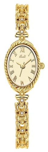 Gosasa ﻿Vintage Small Gold Watches for Women Dainty Oval Quartz Alloy Steel Bracelet Fashion Womens Dress Wristwatch Roman Numerals Numbers Waterproof (Gold)