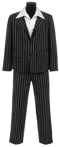 Adults Mafia Boss Costume Halloween Outfit with Pinstripe Suit & White Frill Shirt with Large Collar - Gangster Fancy Dress Attire
