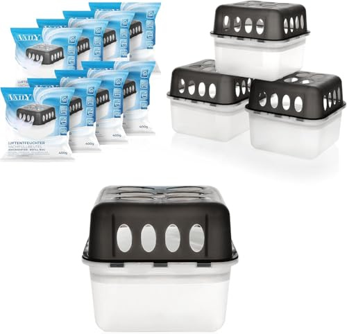 Vaily Set di 4 deumidificatori con 8 sacchetti di ricarica da 400 g, deumidificatore con granulato, per bagno, cantina, appartamento e molto altro ancora, fino a 40 m²