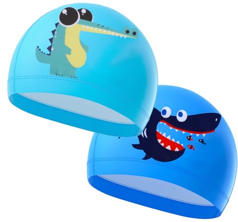 2 Pcs Kids Swimming Cap Comfortable Anti Slip Fabric Swimming Hat | Stretchy Waterproof Swim Cap for Toddler Childrens Boys Girls Teens Age 4-10, Blue