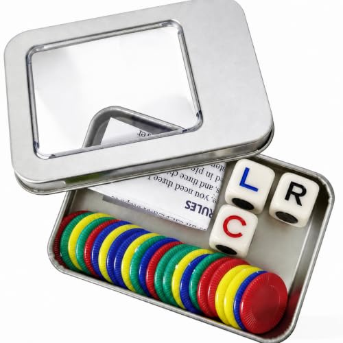 Left Right Centre Dice Game(LCR) - 3 Dice & 24 Chips with Storage Box | Easy rules, colourful counters, engraved symbols, quick passing play, ideal for parties, travel, camping and family nights