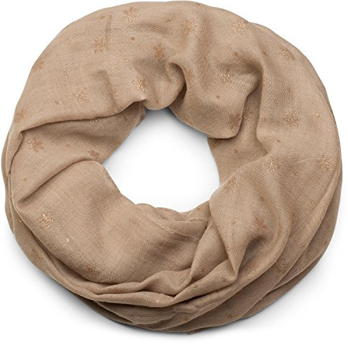 styleBREAKER Bufanda loop mujer,diseño copos de nieve con purpurina, Beige