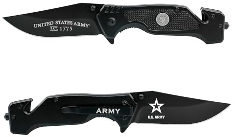 US Army Folding Elite Black Stealth Tactical Knife - Spring Assisted US Army Rescue Knife - Great Gift for the Soldier in your Life - Army Knife Black