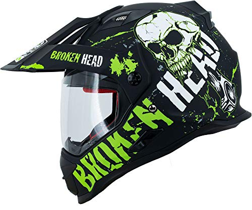 Broken Head Bone Crusher Motocross-Helm Grün mit Visier - Enduro MX Cross-Helm - Motorradhelm mit Sonnenblende (L 59-60 cm)