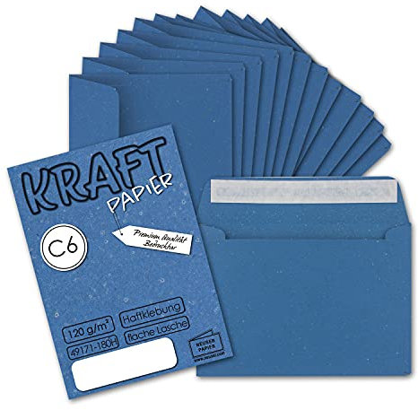 25x Briefumschläge DIN C6 Kraftpapier - Blau - Vintage Recycling Kuverts mit Haftklebung - 114 x 162 mm