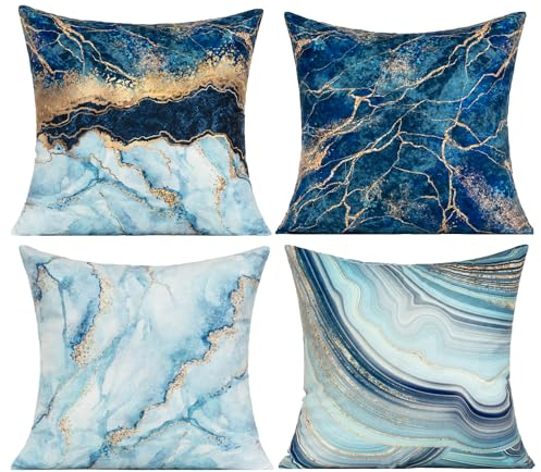 VAKADO Kissenbezug 40x40 cm Kissen Kissenbezüge Kissenhülle blau sofakissen deko Kissen Marmor Samtkissen Dunkelblau Golden Couchkissen Dekorative 4er-Set für Wohnzimmer Terrassenmöbel Auto Büro
