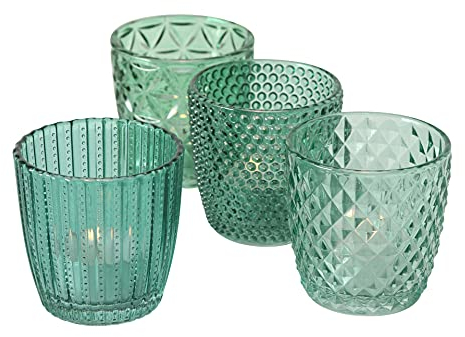 Seaside No.64 - Windlicht-Set 4 teilig aus Glas 7,5 x 7,5cm - Teelichthalter für Romantisches Ambiente - Kerzenständer mit verschiedenen Designs - Retro Kristall Ornamente - (Petrol, Set)