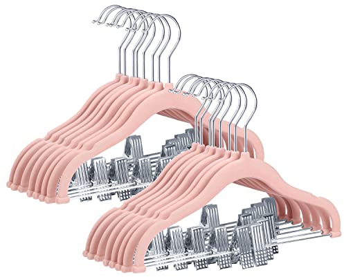 ManGotree 30cm Baby-Samtbügel mit Beweglichen Clips, rutschfeste Kinder-Kleiderbügel, Ultradünne Platzsparende Kinder-Filzbügel für Hemden, Hosen, Kleider, Röcke, Jacken (16 Stück, Rosa)