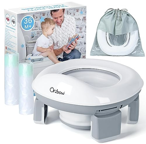Orzbow Portable Potty Training Toilet, Travel Potty Seat for Toddler Boys Girls with Splash Guard, Potty Training Essentials, Foldable, Includes Free Travel Bag and 40 Liners, Indoor/Outdoor Use, Grey
