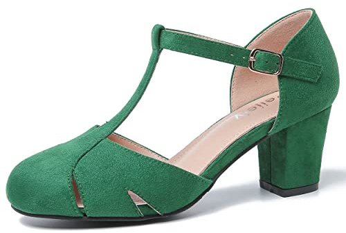 Women's T-Strap Block Heel Pumps, Ankle Buckle Closure, Classic Cut Out Round Toe Dress Shoes Suede Green 41 - US 9