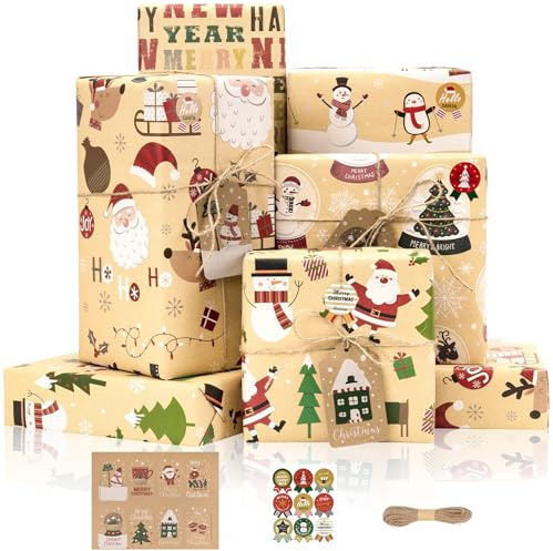Larcenciel Kit Papier Cadeau Noel avec Etiquette et Autocollant, 6 Feuilles Papier Emballage Cadeau Noël Vintage avec Joli Père Noël Renne, Papier Kraft Brun Épais po
