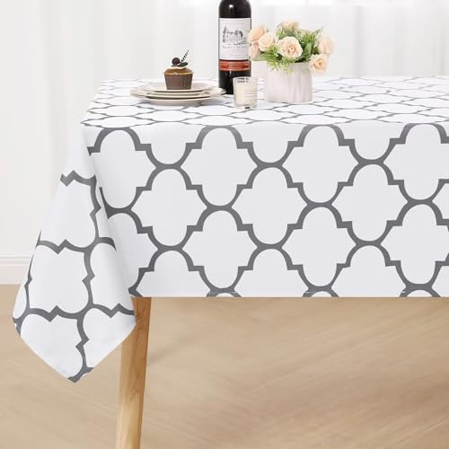 smiry Tischdecke Abwaschbar Rechteckig 100x140cm Tischtuch Polyester Wasserabweisend Lotuseffekt Marokkanisch Tischwäsche Schmutzabweisend Abwischbare Tafeldecke für Outdoor Party Küche,Weiß