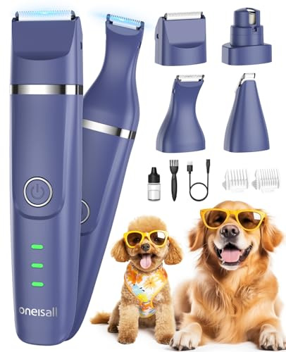oneisall Tondeuse chien set, Silencieuse Tondeuse pour chien,Sans Fil Fondeuse Toilettage pour Animaux avec 4 têtes de coupe multifonctions pour Chat et Chien (Violet)