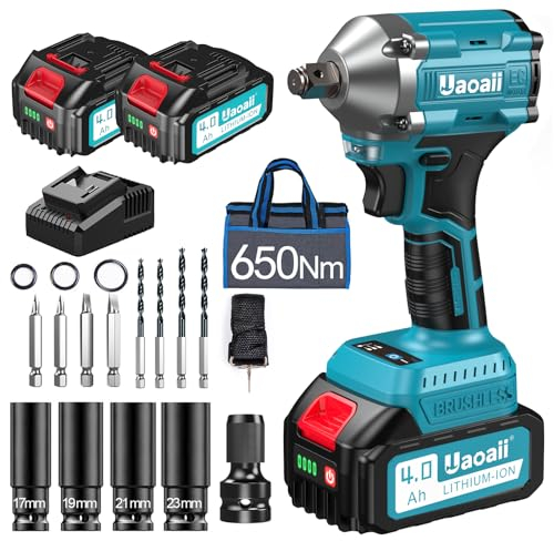 Uaoaii Llave de impacto con batería de 650 N.m, 2 llaves de impacto de 4000 mAh y cargador rápido, llave de impacto con 5 boquillas de impacto y 8 taladros, llave de impacto giratoria para coche y uso
