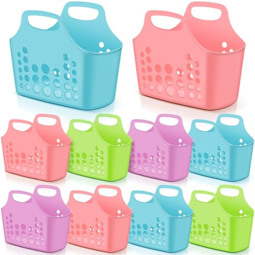 Nuogo 10 Pack Assorted Multicolor Basket with Handles Plastic Oval Carry Totes with Handles Caddy Multipurpose Organizer Reusable for Bathroom Dorm Communal Showers Kitchen School, 10.6 x 6 x 10