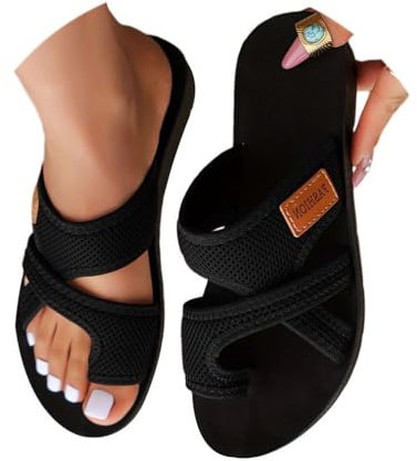 Onsoyours Sandales Plates Femme Été Hallux Valgus Tongs Confortable Maille Nu Pieds Bout Ouvert Chaussures Vintage Sandales Pantoufles de Plage Vacances Slippers D Noir 38 EU
