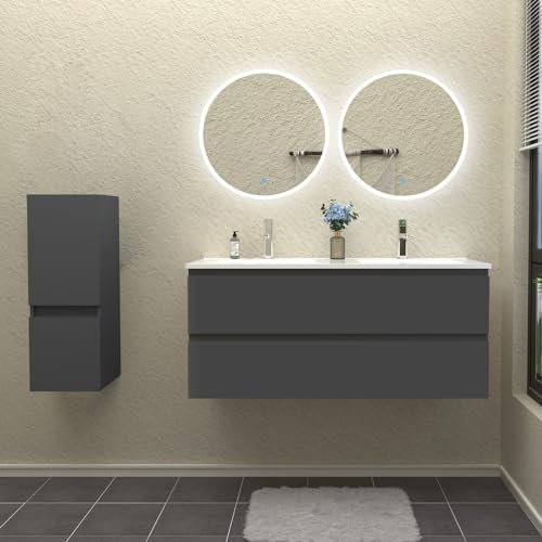 HAPAOSO Ensemble Meubles Salle de Bain Couleur Anthracite avec Double Vasque + Meuble sous Vasque 120 cm +Colonne Basse+Miroir Rond LED 60cmx2