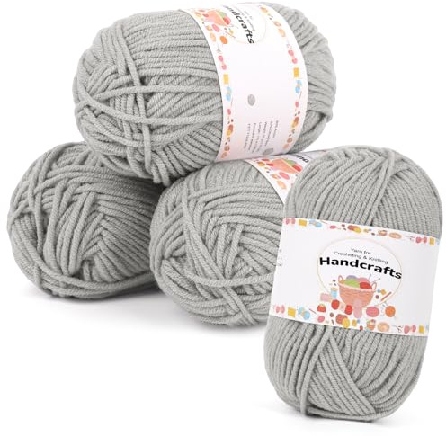 Aeelike 200 g (4 x 50 g) virkgarn, bomull för stickning, hållbart amigurumiset 100 % polyakryl bomullsgarn, 5 garn för virkning för strumpor, mössor, halsdukar, tröjor, dockor, silvergrå