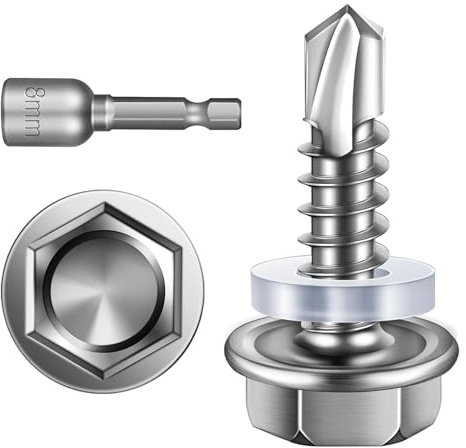 25 viti esagonali da 6,3 x 25 mm, viti autofilettanti, in acciaio inox, viti autofilettanti, viti autofilettanti, viti per lamiera trapezoidale con disco di tenuta e chiave esagonale