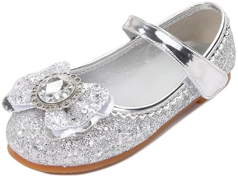 New front Bailarinas Niñas y Niñas Bailarinas de Cuero Zapatos de Fiesta Individuales Zapatos de Baile con Lentejuelas Princesa Elegante Bailarina Plana Bimba Fiesta,Plateado-,31 EU