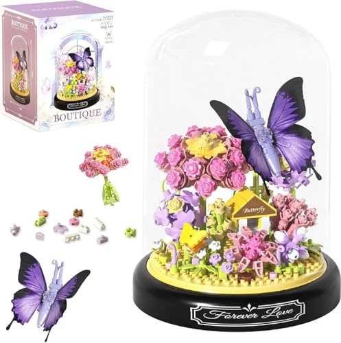 Butterfly Flower Bouquet Building Block Set, Insect Flowers Plants Decor with Dust Cover, Creative DIY Animals Plants Bonsai Collection Building Kit, Home Office Decor Gifts for Adults Teenagers
