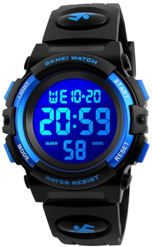 Alienwork Seven-Color LED Reloj Infantil Digital Niño Niña Negro Calendario Fecha-Mes Abigarrado Cronógrafo Sport Multi-función