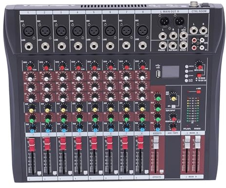 Audio Mixer, Professional Mixer Sound Board Console 8 Channel Desk System Interface Digital USB Computer MP3 Input 48V Phantom Power Stereo DJ Studio, Black