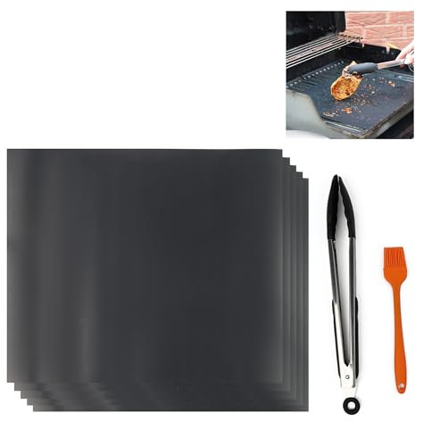 DIVCHI BBQ Grill Mats 5 Pcs, Mat Non-stick Barbecue Grill & Baking Mats For Baking on Gas, Charcoal, Oven And Electric Grills - Reusable - Free 12 BBQ Tongs And 1 Silicone Brush