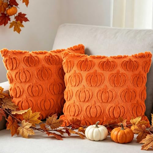 Benjia Juego de 2 Otoño Fundas Cojines 45x45 Funda Cojín de Blando Calabaza Cojín Decorativos Fundas Cojines para Halloween Acción de Gracias Otoño Fiesta de la cosecha Hogar Sala Estar Sofá (Naranja)