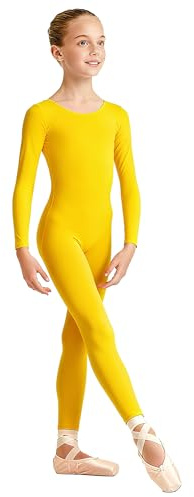 Carnavalife Bodies de Danza para Ballet, Mono de Manga Larga con Cremallera, Leotardo Body Nude para Gimnasia Deportiva Rítmica, Jumpsuit Niña Elástico Bailarina Yoga 1-12 años (Amarillo, 10-12 años)
