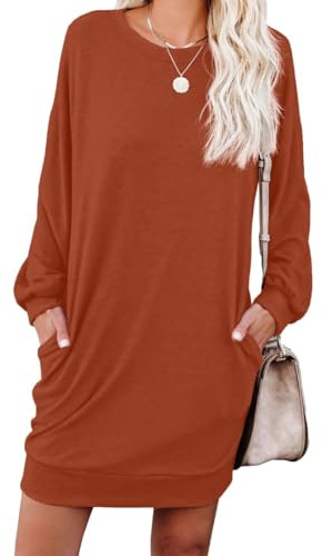 PrinStory Vestido de suéter para mujer, vestido de manga larga, casual, con cuello redondo, con bolsillos, caramelo, L